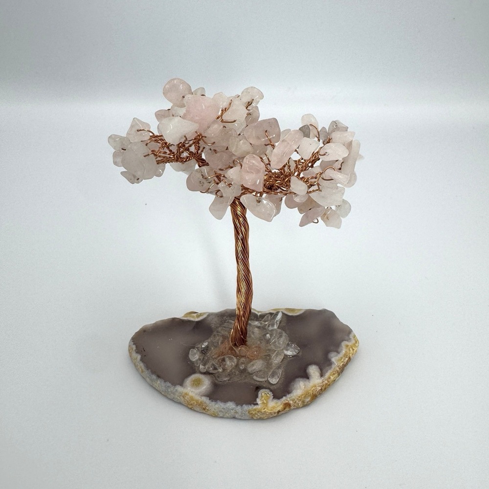 Rose Quartz Gemstone Chip Tree Agate Slice Base Copper Wire Bonsai Decor 4"